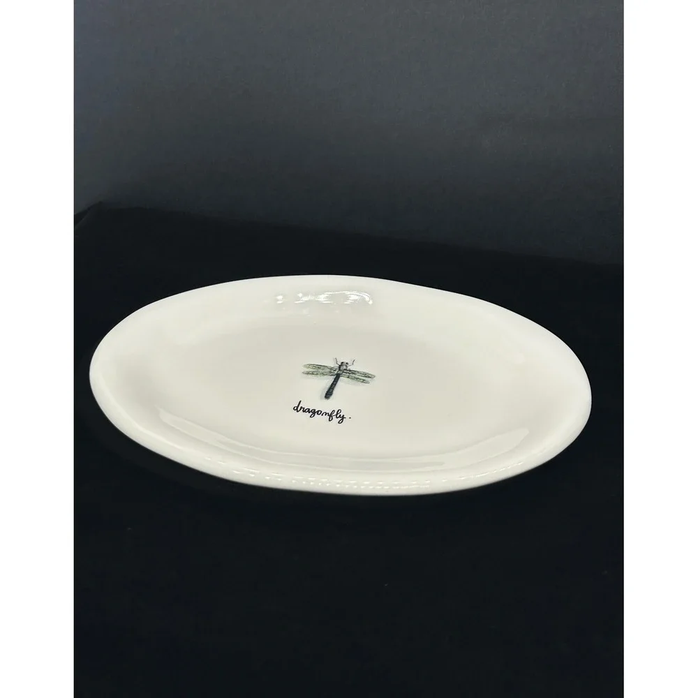 Rae Dunn Artisan Collection Dragonfly Oval Ceramic Trinket Dish White Magenta